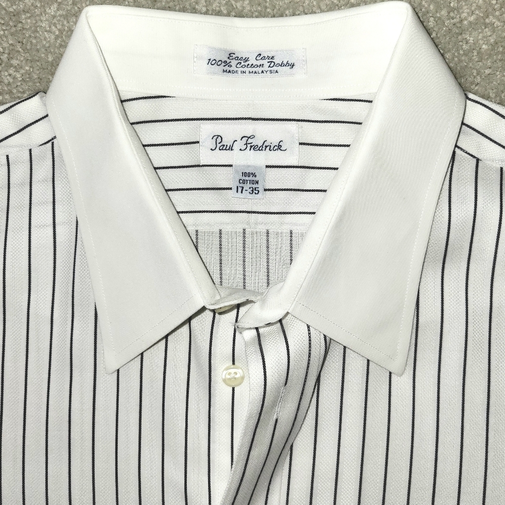 Paul Fredrick French Cuff Dress Shirt Mens 17-35 White Collar Black Stripes